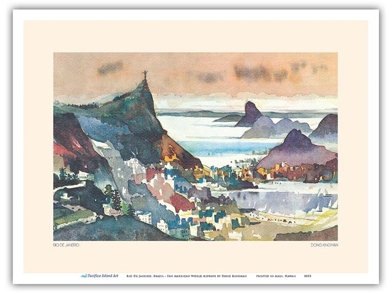 Pacifica Island Art Rio De Janeiro Brazil - Pan American World Airways - Vintage Airline Travel Poster by Dong Kingman c.1971 - Master Art Print (Unframed) 9in x 12in - Image 1